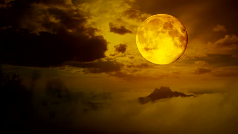 Halloween-footage-:-Timelapse-Dramatic-sky-with-tree,-full-moon-and-clouds-over-mountain,-Cool-blue-tone-uhd-4k.