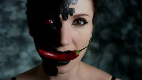 4-k-Aufnahme-einer-Frau-mit-Halloween-Make-up-mit-Chili-in-Mund