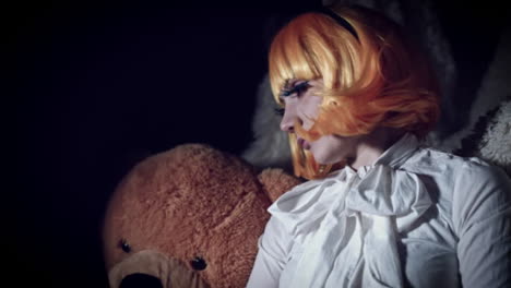 4K-Halloween-Shot-of-Doll-Woman-Turning-Scary,-color-graded