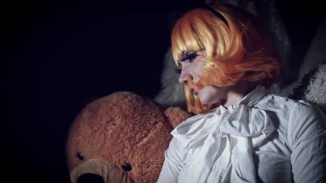 4K-Halloween-Shot-of-Doll-Woman-Turning-Scary,-color-graded