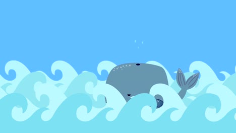 Cartoon-Whale-Swims-In-The-Sea-On-A-Blue-Sky