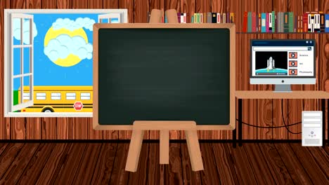 Cartoon-Tafel-in-einem-Kinder-Klassenzimmer-mit-einem-Schulbus