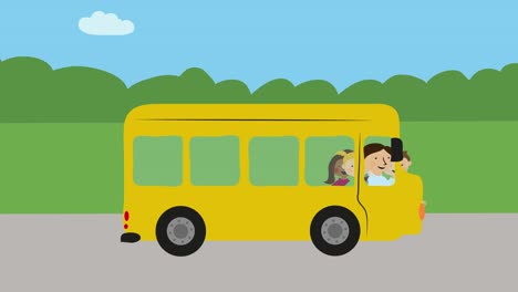 School-bus-with-children-driving-in-sun-and-rain