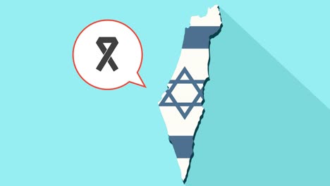 Animation-of-a-long-shadow-Israel-map-with-its-flag-and-a-comic-balloon-with-an-awareness-ribbon