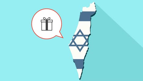 Animation-of-a-long-shadow-Israel-map-with-its-flag-and-a-comic-balloon-with-a-present-icon