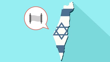 Animation-of-a-long-shadow-Israel-map-with-its-flag-and-a-comic-balloon-with-a-torah-scroll