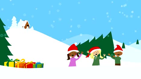 Niños-en-el-paisaje-cubierto-de-nieve.-Felicitación-de-Navidad-animado.