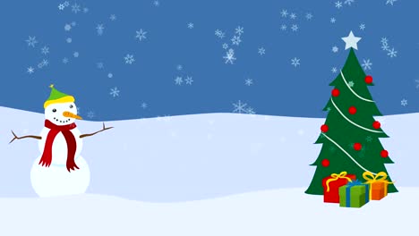 Winter-landscape-with-christmas-tree-and-snowman