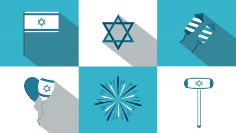 Día-de-la-independencia-de-Israel-vacaciones-animación-con-Israel-bandera-icono-y-hebreo-texto-de-felicitación