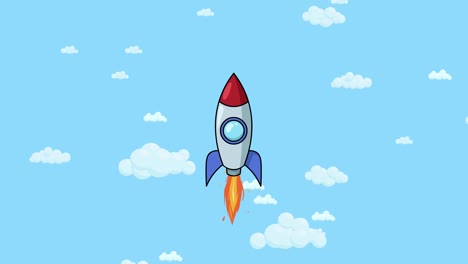 Cartoon-rocket-ship-flying-up-through-cloudy-sky.-Flat-animation