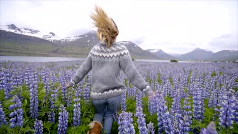 Young-woman-running-in-flower-lupine-field-in-Iceland-living-a-happy-life-and-enjoying-vacations-in-northern-country--Slow-motion-video-people-travel-fun-concept