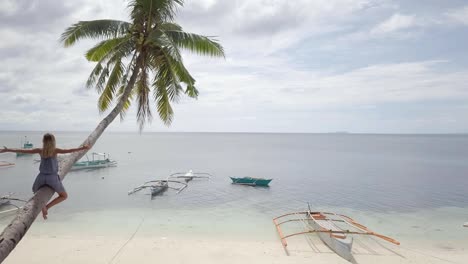 Drone-point-of-view-of-young-woman-on-palm-tree-contemplating-paradise