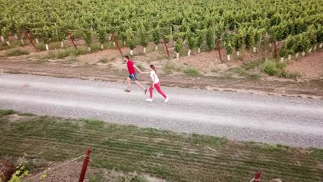 Piombino,-Livorno,-Tuscany,-Italy.-Young-adult-couple-run-down-the-road-in-vineyards.-Aerial-view