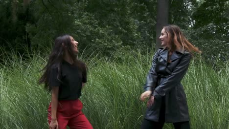 Young-women-dancing-happily-in-front-of-tall-grass.