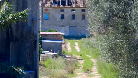 Verlassenes-unvollendetes-Haus-im-nationalen-Stil-mit-einem-zerstörten-Dach-auf-einem-Feld