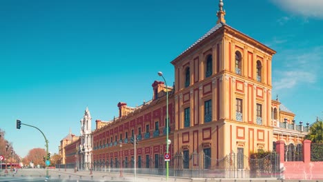 Sevilla-Sonne-Licht-der-Blick-auf-die-san-telmo-Palast-4-k-Zeitraffer-Spanien