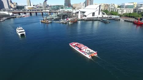 Aerial-footage-of-Ferry-in-Darling-Harbour-Sydney