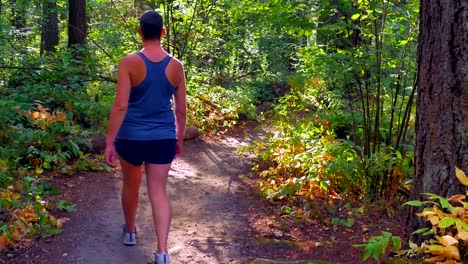 Mujer-activa-camina-por-sendero-del-bosque-hermoso,-paisaje-sanación-salud