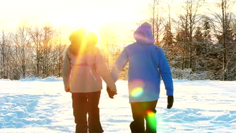 Pareja-cogidos-de-la-mano-y-caminando-en-el-bosque-nevado