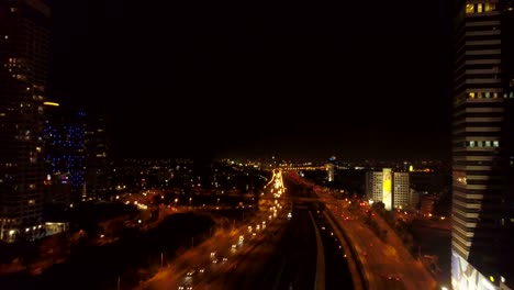 Tel-Aviv,-Israel,-Luftbild-Ayalon-Highway-At-Night-tel-Aviv-Skyline