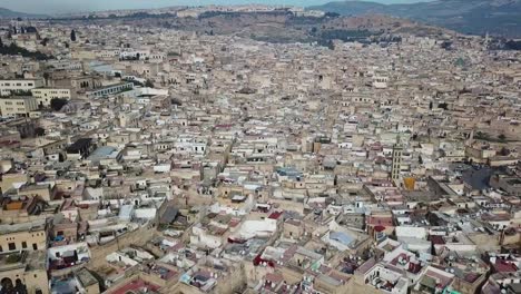 Aerial-panorama-of-old-Medina-in-Fes,-Morocco