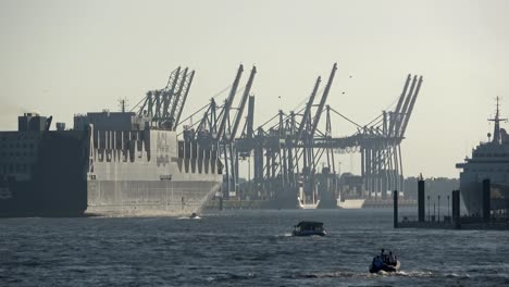 Ro-Ro/Container-Carrier,-container-vessel,--loading-cranes,-harbour-Hamburg,-4K