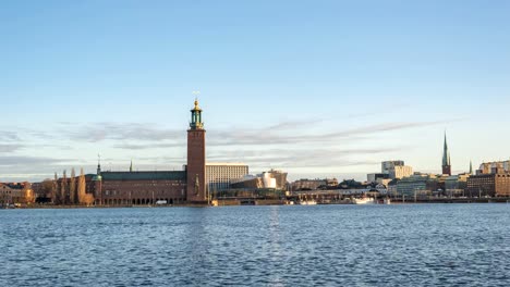 Stockholm-city-skyline-timelapse-at-Stockholm-City-Hall-and-Gamla-Stan,-Stockholm-Sweden-4K-Time-Lapse