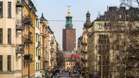 Stockholm-Sweden-time-lapse-4K,-city-skyline-timelapse-at-City-Hall-Bell-Tower