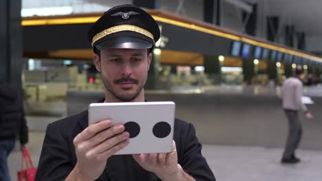 Young-Caucasian-pilot-checking-data-on-tablet-before-takeoff