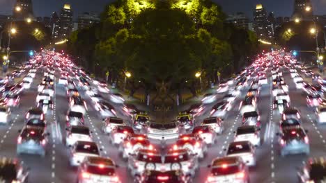 Verkehr-in-der-Stadt-bei-Nacht.-Avenue-Zeitraffer,-symmetrischen