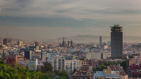 spain-barcelona-city-sunrise-tibidabo-mountain-panorama-4k-time-lapse