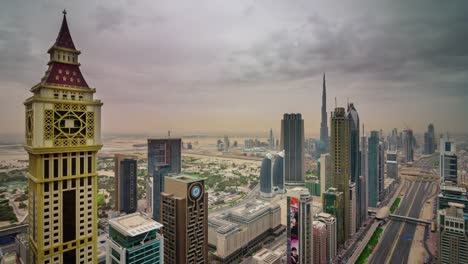 Dubai-Stadt-Innenstadt-Dach-obere-Hauptstraße-Panorama-4-k-Zeit-verfallen-Vereinigte-Arabische-Emirate