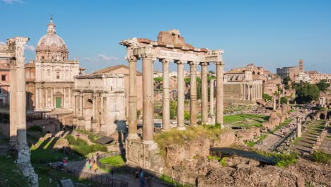 Italien-berühmten-Sonnenuntergang-Sonne-Licht-Rom-Forum-romanum-Tempel-des-Saturn-Stadtpanorama-4k-Zeitraffer