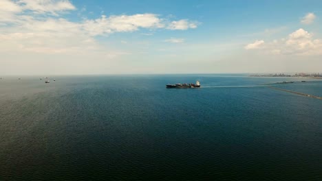 Aerial-Cargo-ships-anchored-in-the-sea.-Philippines,-Manila