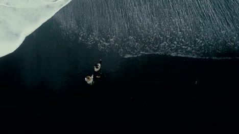 Aerial-top-view-of-the-young-couple-standing-on-the-shore-of-the-sea-in-black-beach-in-Iceland-and-enjoying-the-water