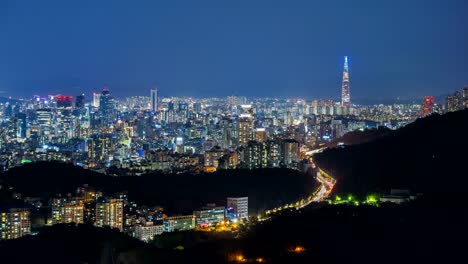 Seoul-City-and-Lotte-Tower,-South-Korea.-Time-lapse-4k