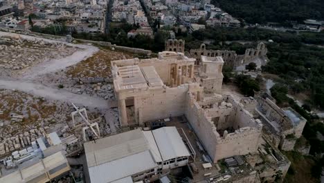 Aerial-view-of-Propylaea-Gate-in-Acropolis-of-Athens-ancient-citadel-in-Greece