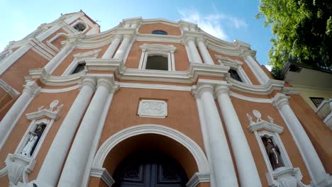 Colonial-16th-century-Spanish-built-of-Saint-Paul-the-First-Hermit-Cathedral,-showing-her-facade.-tracking-shot