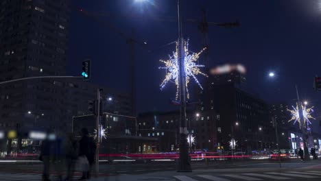 Night-time-lapse-of-busy-street-with-Christmas-decorations-in-Warsaw