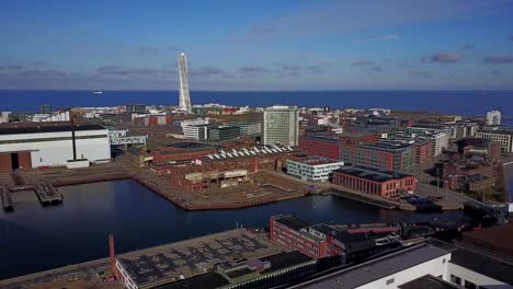 Schöne-Luftaufnahme-von-Malmö,-Schweden-von-oben.