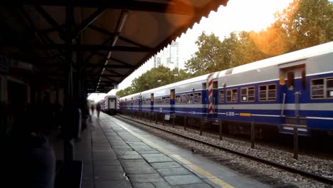 Tren-llegando-a-estación-antigua-en-Buenos-Aires,-Argentina.