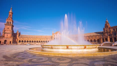 Día-soleado-de-Sevilla-palacio-de-España-arco-iris-fuente-4-K-lapso-de-tiempo-panorámica-de-España