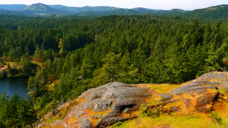 Top-of-Mountain,-Forest-Range,-Over-Lake-with-Island,-Woman-Taking-a-Photo