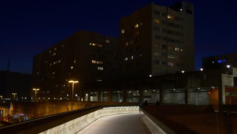 france-night-lights-paris-la-defense-block-pedestrian-walking-bridge-panorama-4k