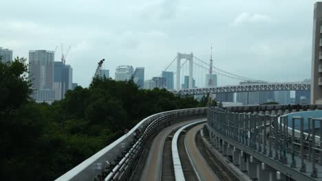 High-Speed-Bahn-vorbei-an-modernen-Olympischen-Businesscenter-in-Tokio-Japan