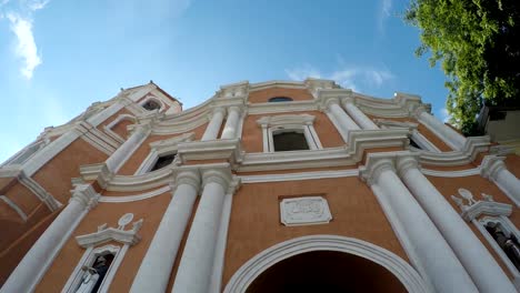 Colonial-16th-century-Spanish-built-of-Saint-Paul-the-First-Hermit-Cathedral,-showing-her-facade.-tracking-shot