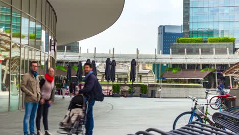 Italy-milan-city-sunny-day-famous-modern-block-crowded-square-panorama-4k-timelapse