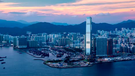 Sonnenuntergang-West-Kowloon-in-Hong-Kong---Zeitraffer