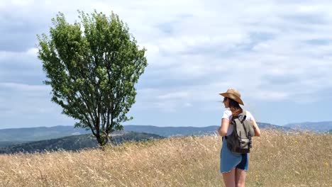 Vista-posterior-de-mujer-joven-con-sombrero-y-mochila-de-campo-con-el-césped-seco-rodeado-de-montañas