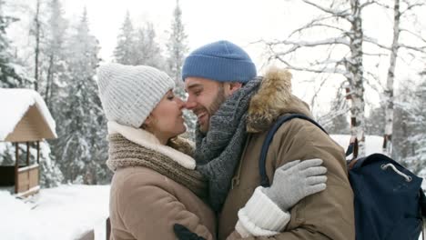 Liebende-paar-küssen-im-Park-am-Wintertag